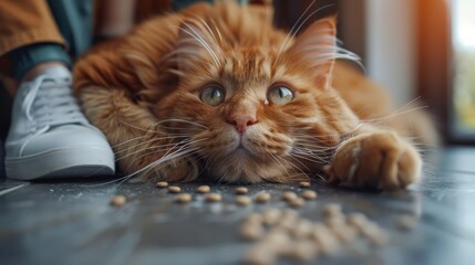 Playful Orange Cat Relaxing on Floor While Owner's Foot Nears Dinner Time