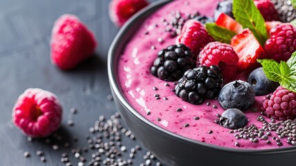 A delicious and healthy smoothie bowl filled with fresh blackberries, blueberries, raspberries, topped with chia seeds and mint leaves, perfect for a nutritious and vibrant breakfast.