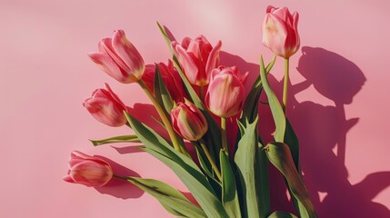 Obraz premium Bouquet of tulips on pink backdrop