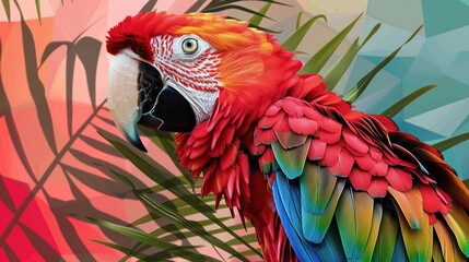 Obraz premium Green-winged Macaw with Tropical Leaves Drawing for a Primary School Reading Book