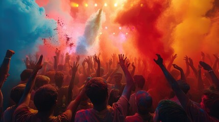 Crowd throwing bright colored powder paint in the air. Holi Festival