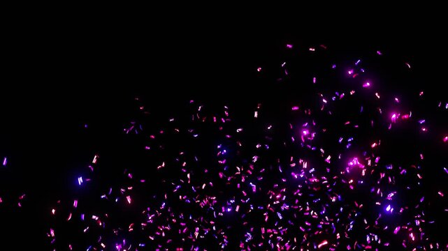 Bright Purple Blue Confetti Explosion on Black Background with Alpha Mask. Beautiful Color Falling Confetti Firecracker Isolated 3d Animation. Merry Christmas Cracker 4k Ultra HD 3840x2160.