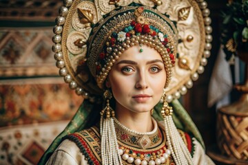 Fototapeta premium A beautiful girl in a traditional Russian national costume. The portrait symbolizes the traditions of Russia and the beauty of the Russian people.