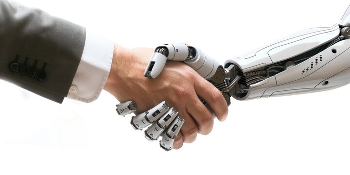 Human and robotic handshake symbolizing tech harmony