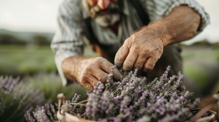 An elderly person’s hands delicately picking lavender flowers in a lush field, showcasing the intricate details of the purple blooms against a vibrant scenery.