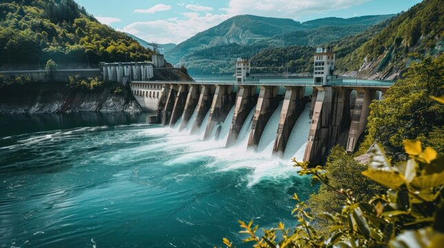 Wide-angle shot of a large hydropower plant by a river