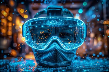 Futuristic helmet with neon blue lighting showcasing advanced technology and modern design in a high tech environment.