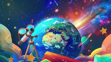 Naklejka premium 3D cartoon Earth with glasses and telescope, studying stars in a colorful galaxy, fun and educational