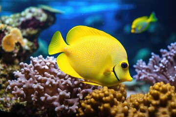 Obraz premium Vibrant yellow fish swimming near coral in a lively, colorful aquarium.