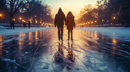 couple sharing a joyful moment while ice skating on a frozen lake.