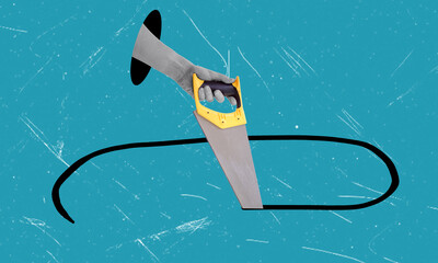 Art collage of hands with a saw on a blue background, hand sawing a hole.