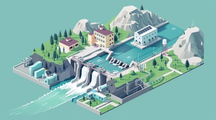 Isometric infographic explaining hydropower processes