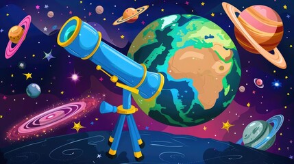 Obraz premium Cute cartoon Earth with animated telescope, exploring vibrant galaxies, fun space scene