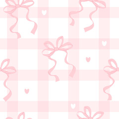 Cute coquette seamless pattern pink ribbon bow on checkered background with hearts. Vector illustration. Trendy aesthetic patterned backdrop.