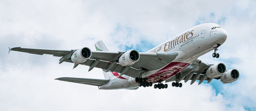Emirates Airlines Airbus A380 approaching Heathrow Airport. London, United Kingdom, July 6, 2024.