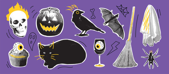 Set of Halloween retro halftone paper stickers for 90s style collages. Vector illustration with pumpkin, ghost, skull, cat, raven, bat, spider, eye, potion, broom etc.