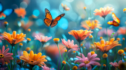 A whimsical scene of a butterfly garden filled with colorful blooms.