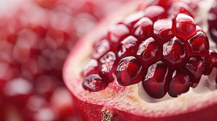 A detailed macro photograph displaying pomegranate seeds with vivid red hues and glossy textures,...