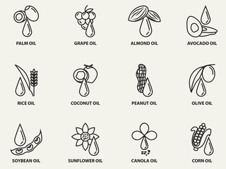 type of cooking oil outline icon set .vegetable oil vector pictogram line art label symbol