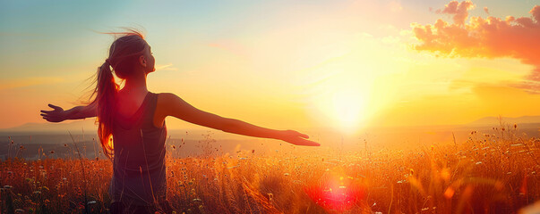 Young Woman Embracing Sunset in Nature Field, Freedom and Healthy Lifestyle Concept, Serene Summer Evening, Joyful Female with Open Arms, Outdoor Relaxation, Golden Hour Beauty, Inspirational Horizon