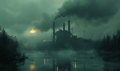 Fototapeta premium Industrial Power Plant Emitting Toxic Smoke Over Polluted Landscape at Dusk, Highlighting Environmental Pollution and Damage