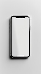 A mobile phone with white blank display screen sitting on a white isolated surface, smartphone mockup template design.