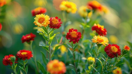 Vibrant Red and Yellow Flowers with Green Foliage Helichrysum orientale Bright and Beautiful Blooms with Blurred Background