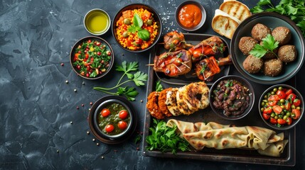 global food diversity, diverse world cuisine displayed elegantly on a tray, perfect for a world food day banner showcasing global gastronomy with space for text