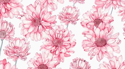 Obraz premium Pink chrysanthemums on white background, watercolor elegant floral pattern design.
