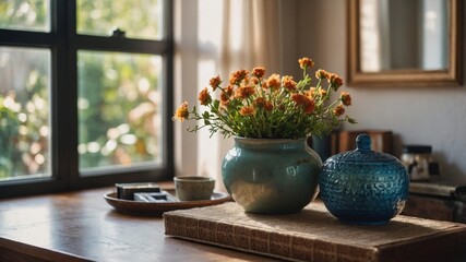 Cozy Interior with Flowers and Ceramic Decor
