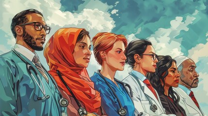 diverse healthcare team, illustrating a diverse team of medical specialists, showcasing the significance of diversity in healthcare and medicine through various genders and ethnicities