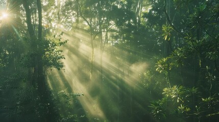 Gorgeous green forest illuminated by golden morning sunlight filtering through a misty canopy