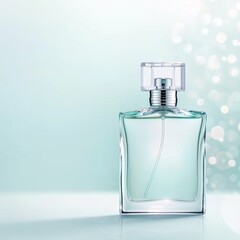 Elegant Perfume Bottle on Shimmering Blue Background with Bokeh Effect