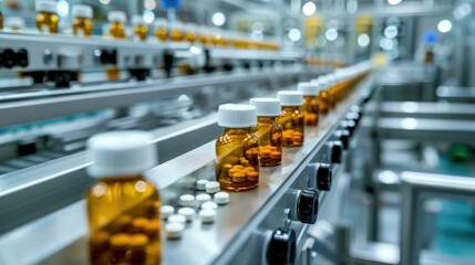 Obraz premium Production line in a pharmaceutical manufacturing facility