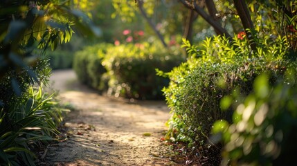 The sun shines through the trees as a dirt path winds through a vibrant green garden