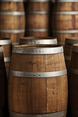 Fototapeta premium Oak barrels showcase the time-honored techniques and expert artistry involved in the craft of barrel making.