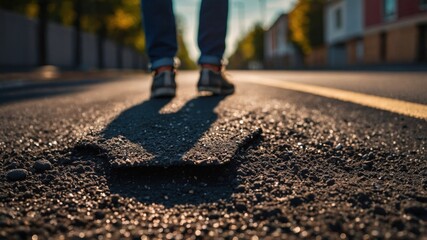 Person Walking on Damaged Sunlit Asphalt Road
