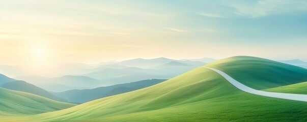 Obraz premium Serene Sunrise over Lush Green Hills with Winding Road