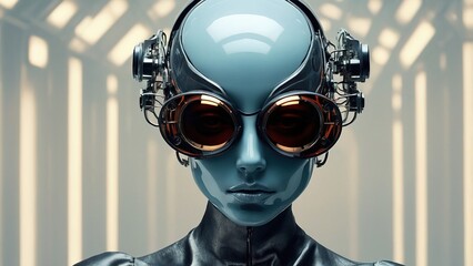 Fototapeta premium Futuristic Android Figure With Unique Headgear in a High-Tech Environment