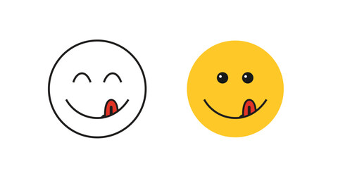 Yummy smile emoji with tongue lick mouth. Delicious tasty food symbol for social network. Yummy and hungry icon. Savory gourmet. Enjoy food sign.