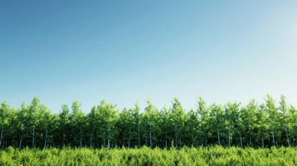 Fototapeta premium A serene nature background with a sunlit forest and a clear blue sky