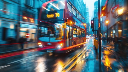 Blurred motion of a bus in a city at dusk, capturing the hustle of urban transport.