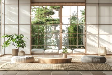Fototapeta premium Modern Japanese living room with natural light and minimalist furniture