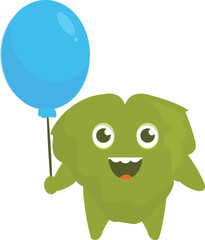 Cartoon monster holding a blue balloon, smiling and having fun