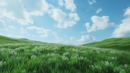 Obraz premium Green grass field and blue sky landscape