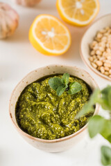 Fresh homemade pesto sauce in a bowl. Italian cuisine. Recipe.