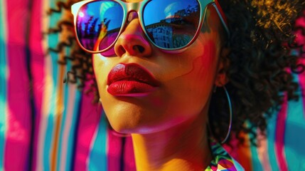 A woman wearing sunglasses and a colorful shirt, perfect for casual occasions or outdoor activities
