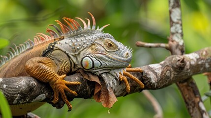 Fototapeta premium Green Iguana basking on branch in Puerto Viejo Costa Rica