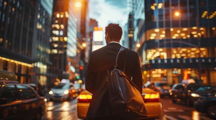Naklejka premium Businessman boarding a taxi with a cityscape backdrop, with room for corporate travel messages.