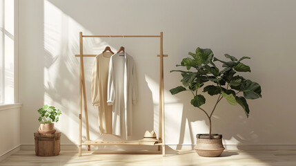 Modern wardrobe setup featuring neatly arranged clothing and accessories, showcasing a minimalistic and organized approach to wardrobe design with stylish storage solutions